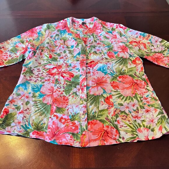 Cathy Petite‎ PM Floral Button-Up Shirt  3/4 Sleeve tropical print - Picture 2 of 10